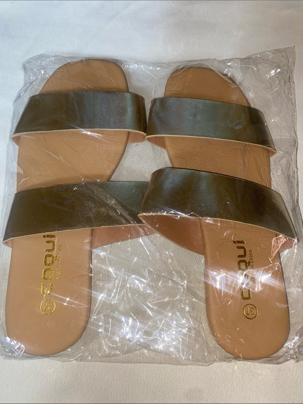 Double-Strap Slide Sandals in Olive with Tan Footbed